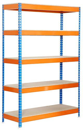 Estantería metálica de media carga Bricoforte 5 estantes Azul/Naranja/Madera Simonrack 2000x1000x600 mms - Estantería media carga - Estantería industrial - 300 Kgs de capacidad por estante