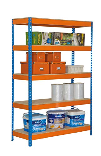 Estantería metálica de media carga Bricoforte 5 estantes Azul/Naranja/Madera Simonrack 2000x1000x600 mms - Estantería media carga - Estantería industrial - 300 Kgs de capacidad por estante