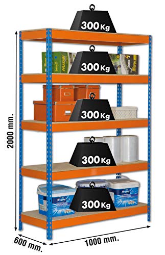 Estantería metálica de media carga Bricoforte 5 estantes Azul/Naranja/Madera Simonrack 2000x1000x600 mms - Estantería media carga - Estantería industrial - 300 Kgs de capacidad por estante