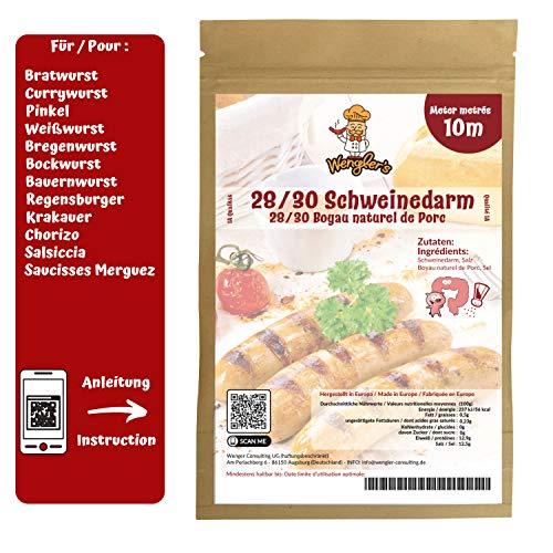 Estuche de Tripas de Cerdo 28/30 Wengler Equiparable a Las de carnicería - Resistente a la cocción - Apto para ahumar y Barbacoa (10m (28/30))