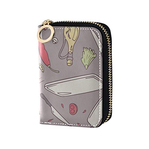 Estuche para Tarjetas Moda Creativa Cartoo Cocina Wok ID/Tarjetero Cuero PU Cremallera Alrededor Tamaño Compacto Tarjeta Monedero para Mujeres Señoras Niñas Cartera Minimalista en acordeón