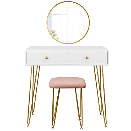 EUGAD Juego Mesa de Tocador con Taburete Acolchado de Terciopel y Espejo de Pared Tocador Moderno Escritorio con Espejo Mesa de Maquillaje con 2 Cajones Madera+Metal, Blanco+Oro 80x40x77.5cm 0018SZT