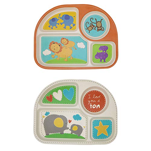 EULANT Platos Compartimento para Bebé, 2pcs Cuberteria Infantiles Bambu, Set de Vajilla Infantil Seguro Degradables Materiales Sin BPA, León + Elefante