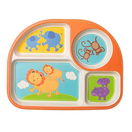 EULANT Platos Compartimento para Bebé, 2pcs Cuberteria Infantiles Bambu, Set de Vajilla Infantil Seguro Degradables Materiales Sin BPA, León + Elefante