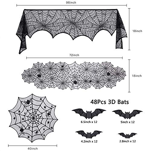 Evance 51 Piezas de Decoraciones de Halloween Set Incluyen Encaje araña Camino de Mesa, Cubierta de Mesa de Encaje Redondo, Chimenea Mantel Bufanda y 48 Piezas 3D murciélagos calcomanía de Pared