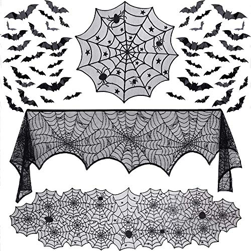 Evance 51 Piezas de Decoraciones de Halloween Set Incluyen Encaje araña Camino de Mesa, Cubierta de Mesa de Encaje Redondo, Chimenea Mantel Bufanda y 48 Piezas 3D murciélagos calcomanía de Pared