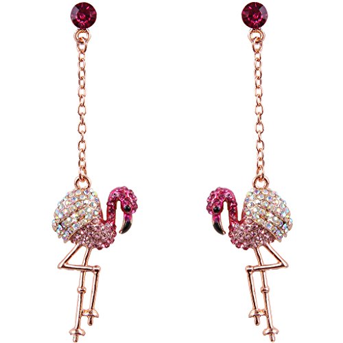 EVER FAITH® Rosa dorado del cristal austríaco de Art Deco precioso pájaro del flamenco rosado cuelga los pendientes Perforado N06611-3