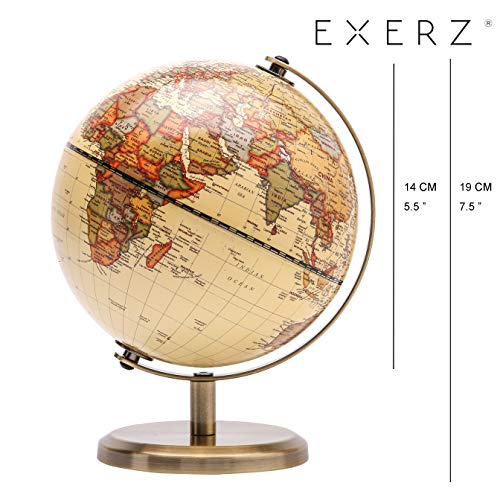 Exerz 14CM Globo Terráqueo - en Inglés - Decoración de escritorio educativa/geográfica/moderna - Con una base de metal (Antiguo)