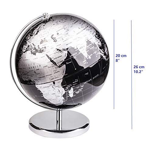 Exerz 20cm Globo Terráqueo - en Inglés - Decoración de escritorio educativa/geográfica/moderna - Con una base de metal - Negro Metálico - Diámetro: 20cm