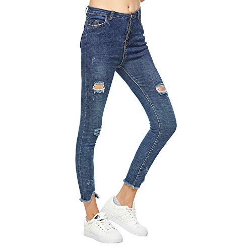 Extreme Pop mujer Pantalones vaqueros rotos de mezclilla Pantalones slim de color azul elásticos (S, Denim Blue)