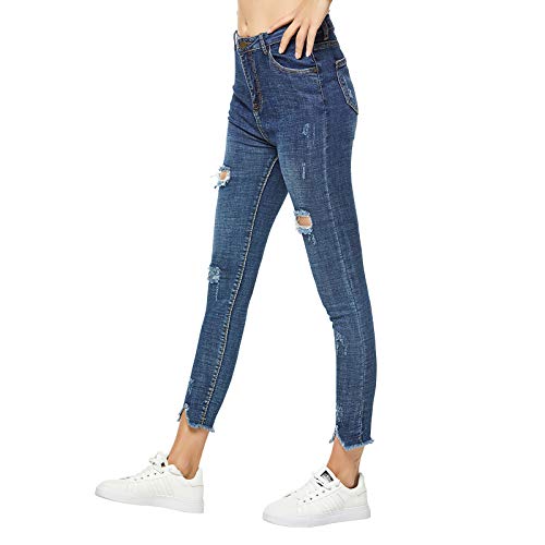 Extreme Pop mujer Pantalones vaqueros rotos de mezclilla Pantalones slim de color azul elásticos (S, Denim Blue)