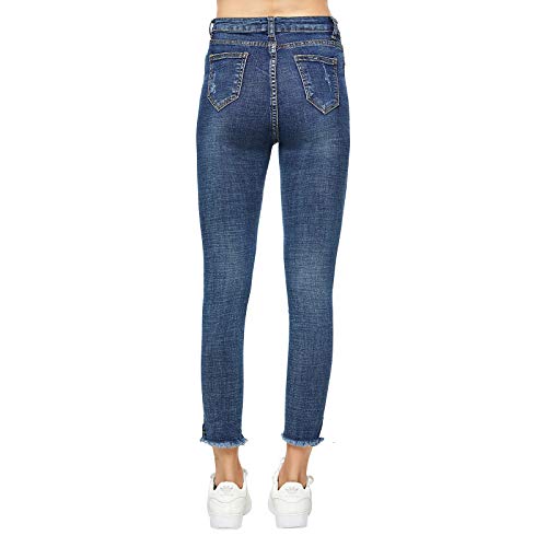 Extreme Pop mujer Pantalones vaqueros rotos de mezclilla Pantalones slim de color azul elásticos (S, Denim Blue)