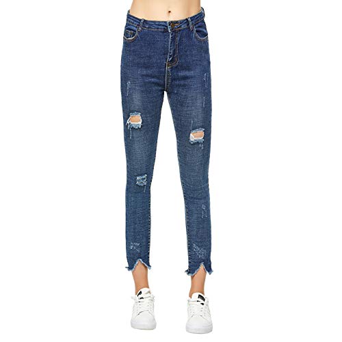 Extreme Pop mujer Pantalones vaqueros rotos de mezclilla Pantalones slim de color azul elásticos (S, Denim Blue)