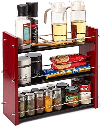 EZOWare 3 Niveles Especiero de Madera y Acero Inoxidable, Cocina Baño Estante de Pie Libre Encimera Organizador Multiuso para Especias/Hierbas, Baño, Botellas, Frascos - Rojo y Negro