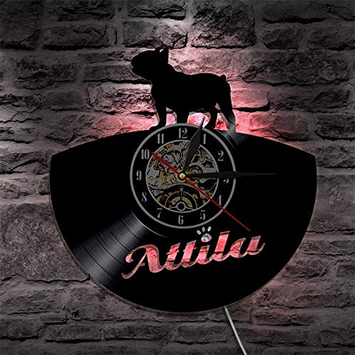 F FANTASY 'ART Reloj de Pared con Registro de Vinilo para Mascotas de Bulldog francés, Reloj de Arte Colgante Vintage, Reloj Decorativo para el hogar, Luces LED