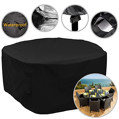 F Fellie Cover Funda para Mesa Redonda de Jardín Impermeable, 420D Funda para Muebles Circular Exterior, Protector para Conjunto Mesa y Sillas de Jardin, Resistente al Desgarro Anti Viento/UV