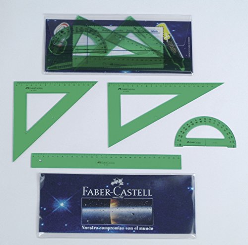 Faber Castell 65021 - Pack escolar con escuadra, cartabón, regla y semicírculo, color verde
