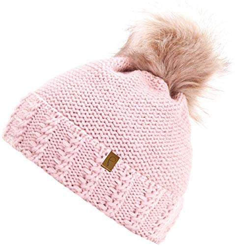 Faera Gorro de Invierno cálido Forro y Piel sintética Gorro de pompón Forro Polar Gorro de Invierno de Punto Gorro de Punto Hombre Mujer Talla única, Color:Rosa Fucsia