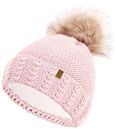 Faera Gorro de Invierno cálido Forro y Piel sintética Gorro de pompón Forro Polar Gorro de Invierno de Punto Gorro de Punto Hombre Mujer Talla única, Color:Rosa Fucsia