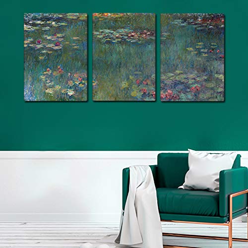 Fajerminart 3 Paneles Claude Monet Pintura Al óleo Réplicas De Lirios De Agua Prints Sobre Lienzo,Pintura Arte Sala De Estar Adecuada, Dormitorio,Tamaño del Marco(30cmx40cmx3Paneles)(Marco De Madera)