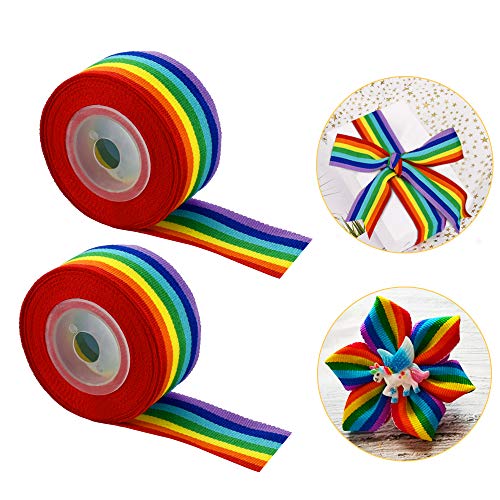 FAVENGO 2 Rollos Cinta de Arcoiris 5m x 2.5cm de Ancha Cinta Grosgrain Ancha Rainbow Pride Ribbon Cinta de Tela Arcoiris Cinta Colores Arcoiris Cinta Bandera para Manualidades Regalo Fiesta Boda