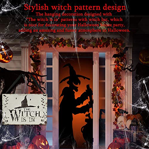 FAVENGO Placa Halloween Placa de Madera Placa para Colgar en Puertas Decoración de Halloween con el Dibujo de Gorro de Bruja y el Texto en Inglés "The Witch Is In" para pared Bar Hogar 26x18x0.5cm