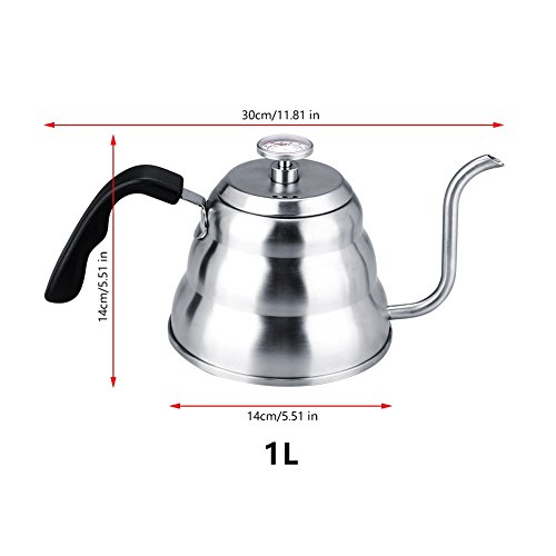 Fdit - Tetera de café con termómetro (Acero Inoxidable 304, Cuello de Cisne y Tetera para Goteo a Mano), 1 litro