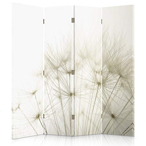 Feeby Frames Biombo Impreso sobre Lona, tabique Decorativo para Habitaciones, a Doble Cara, de 4 Piezas (145x180 cm), Diente DE LEÓN, Naturaleza, Plantas, Blanco