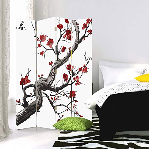 Feeby Frames Biombo Impreso sobre Lona, tabique Decorativo para Habitaciones, a una Cara, de 4 Piezas (145x180 cm), Cerezo JAPONÉS, Blanco, Rojo, Negro