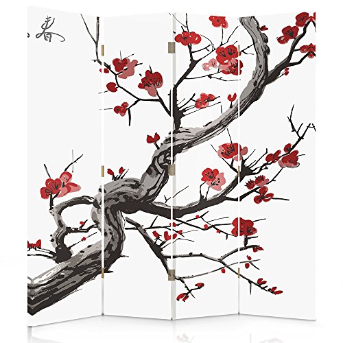 Feeby Frames Biombo Impreso sobre Lona, tabique Decorativo para Habitaciones, a una Cara, de 4 Piezas (145x180 cm), Cerezo JAPONÉS, Blanco, Rojo, Negro