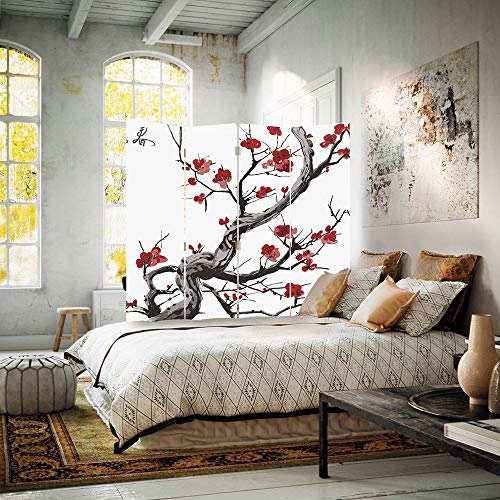 Feeby Frames Biombo Impreso sobre Lona, tabique Decorativo para Habitaciones, a una Cara, de 4 Piezas (145x180 cm), Cerezo JAPONÉS, Blanco, Rojo, Negro