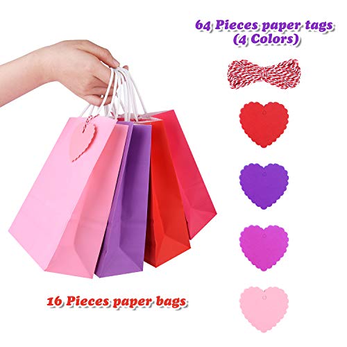 FEPITO 16PCS rojas y rosadas del regalo bolsas de papel kraft bolsas de regalo bolsas de regalo de papel bolsas de fiesta bolsas con asas y 64 de las PC del corazón Etiquetas de papel para fiesta