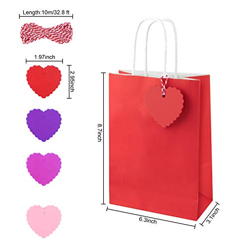 FEPITO 16PCS rojas y rosadas del regalo bolsas de papel kraft bolsas de regalo bolsas de regalo de papel bolsas de fiesta bolsas con asas y 64 de las PC del corazón Etiquetas de papel para fiesta