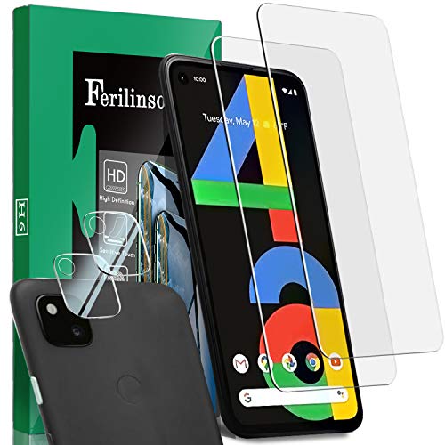 Ferilinso [4 Pack] Piezas Protector de Pantalla para Google Pixel 4A 4G [NO Apto para la edición 5G] Cristal Templado + 2 Piezas Protector cámara Protector de Lente de Cámara [9H Dureza]