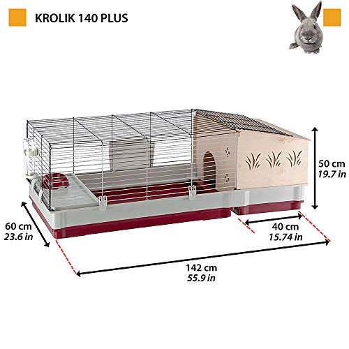 Ferplast Jaula para Conejos y Conejillos de Indias KROLIK 140 Plus, para pequeños Animales, Conejera, Casita de Madera Separable, Accesorios incluidos, 142 x 60 x h 50 cm Burdeos