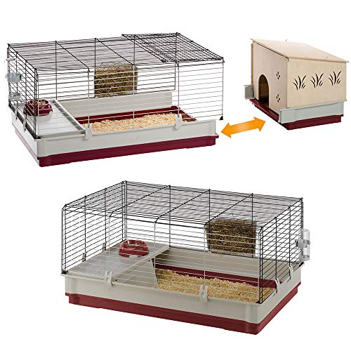 Ferplast Jaula para Conejos y Conejillos de Indias KROLIK 140 Plus, para pequeños Animales, Conejera, Casita de Madera Separable, Accesorios incluidos, 142 x 60 x h 50 cm Burdeos