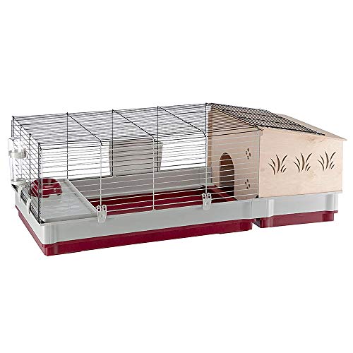 Ferplast Jaula para Conejos y Conejillos de Indias KROLIK 140 Plus, para pequeños Animales, Conejera, Casita de Madera Separable, Accesorios incluidos, 142 x 60 x h 50 cm Burdeos