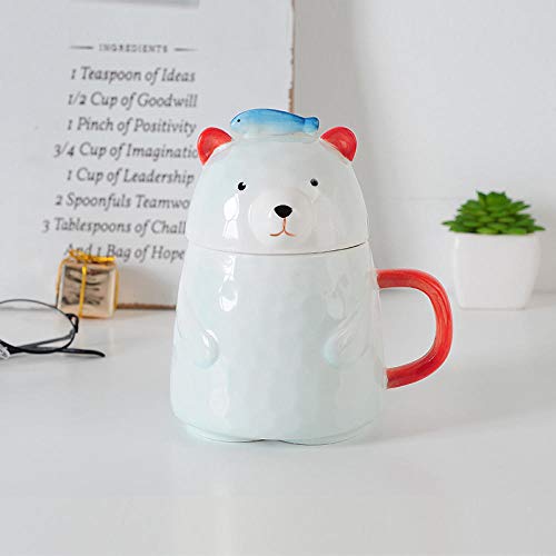 FGHOMEAQMKB Creativa y Linda Taza de cerámica con Tapa Taza para Beber Desayuno café Leche Taza-Pescado Azul Bear_400ml