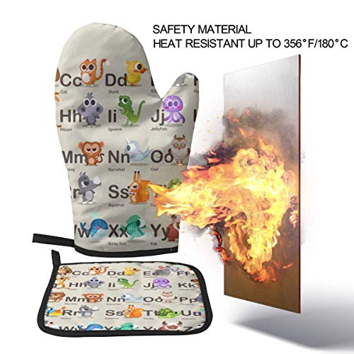 FHTDH Suministros de Cocina, Guantes de Horno y Juegos de ollas Oven Mitts and Pot Holders Sets, Animal Alphabet ABC Heat Resistant Waterproof Kitchen Bake Gloves for Microwave BBQ Baking Cooking