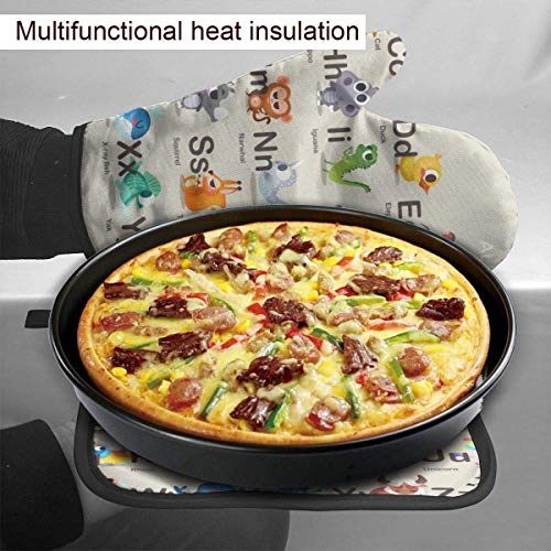 FHTDH Suministros de Cocina, Guantes de Horno y Juegos de ollas Oven Mitts and Pot Holders Sets, Animal Alphabet ABC Heat Resistant Waterproof Kitchen Bake Gloves for Microwave BBQ Baking Cooking