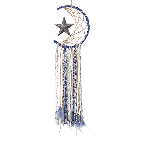 FiedFikt atrapasueños Azul Hecho a Mano con diseño de Media Luna atrapasueños y Plumas Colgando con Estrella decoración del hogar, Regalo de Festival (Luna y Estrella)