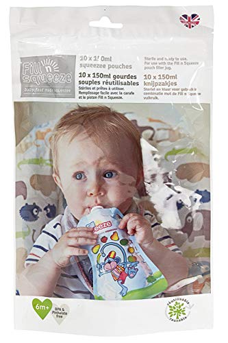 Fill'n Squeeze, Paquete de Relleno de Bolsas de Alimentos Resellables Reusables para Destete de bebés y Alimentación de niños, 10 x 150 ml