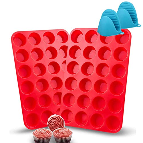 FINGER TEN Muffin Pan de Silicona Cupcake Set 24 moldes de Mini Tazas, moldes antiadherentes sin BPA para Alimentos (2 Rojo + 2 Clip de Mano)