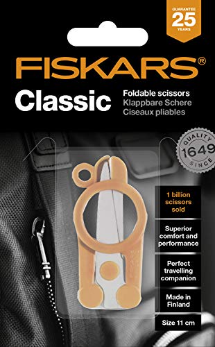 Fiskars Tijeras plegables, Longitud: 11 cm, Para diestros y zurdos, Hoja de acero inoxidable/Mangos de plástico, Naranja, Classic, 1005134