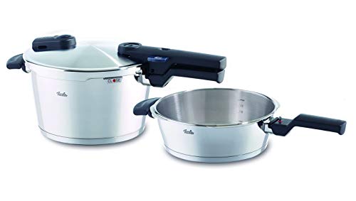 Fissler vitaquick black / Juego de olla a presión y sartén a presión (4,5 + 2,5 litros, Ø 22 cm) con cestillo perforado y trípode, acero inoxidable, adecuado para la inducción