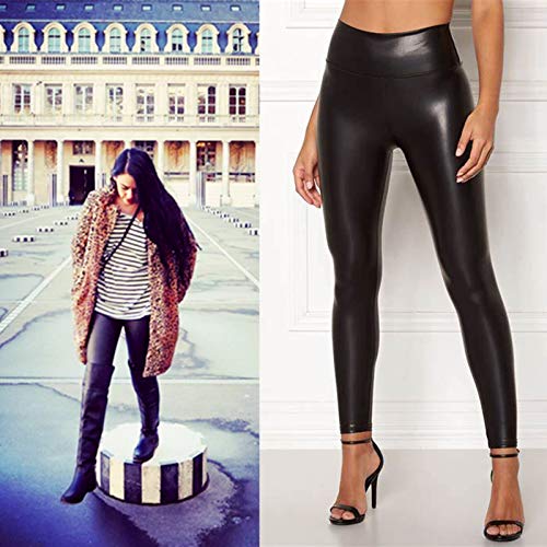 FITTOO Mujeres PU Leggins Cuero Brillante Pantalón Elásticos Pantalones para Mujer201#3 Terciopelo Grueso L