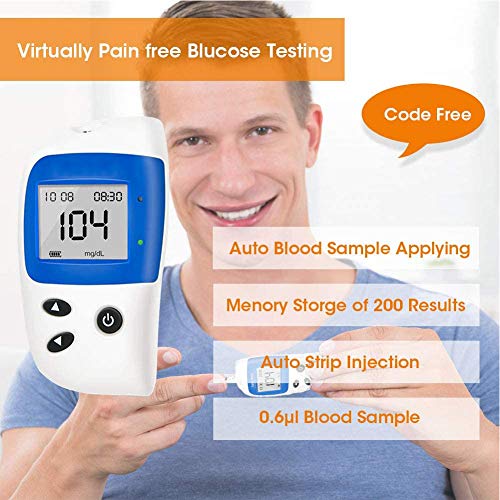 FJLOVE Medidor de glucosa en Sangre,Glucosa en Sangre Kit de Control de la Diabetes Kit con Codefree Tiras x 50 y Dispositivo de punción x 50 - en MG/DL,Mmol/l