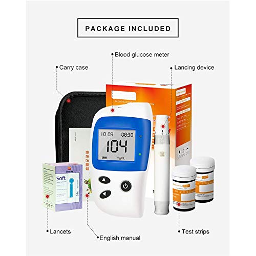 FJLOVE Medidor de glucosa en Sangre,Glucosa en Sangre Kit de Control de la Diabetes Kit con Codefree Tiras x 50 y Dispositivo de punción x 50 - en MG/DL,Mmol/l