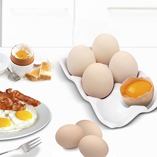 Flexzion Huevera Porcelana de 6 Tazas para Cocina, Soporte para Huevos, Bandeja Duros para Huevos de Pascua, Servicio Versátil, Diseño Moderno, Platos Decorativos, Servicio Catering, Color Blanco