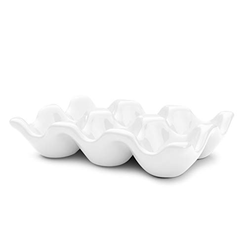 Flexzion Huevera Porcelana de 6 Tazas para Cocina, Soporte para Huevos, Bandeja Duros para Huevos de Pascua, Servicio Versátil, Diseño Moderno, Platos Decorativos, Servicio Catering, Color Blanco